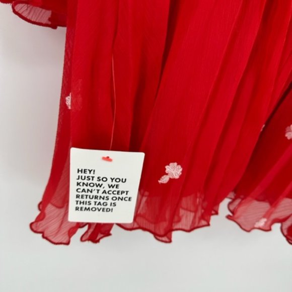 ASOS DESIGN tie back pleated sleeve mini dress in red with pink embroidery US 12 - Picture 5 of 9